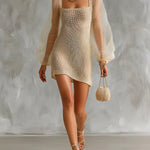 ElevenOra Chic Elegant Light Khaki Square-Neck Organza Long-Lantern-Sleeve Slim-Fit A-Line Knit Mini Dress