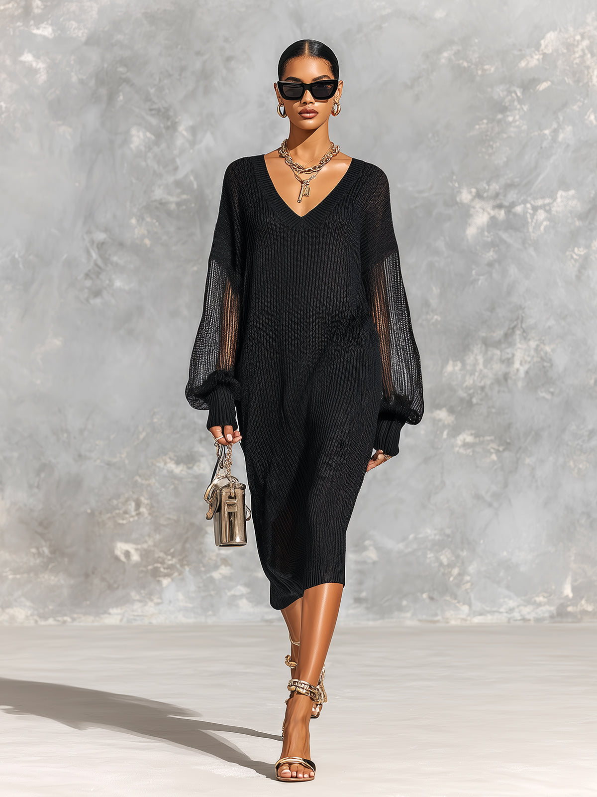 ElevenOra Chic Elegant Black V-Neck Long-Lantern-Sleeve Mesh Detail Loose-Fit Ribbed Knit Midi Dress