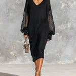 ElevenOra Chic Elegant Black V-Neck Long-Lantern-Sleeve Mesh Detail Loose-Fit Ribbed Knit Midi Dress