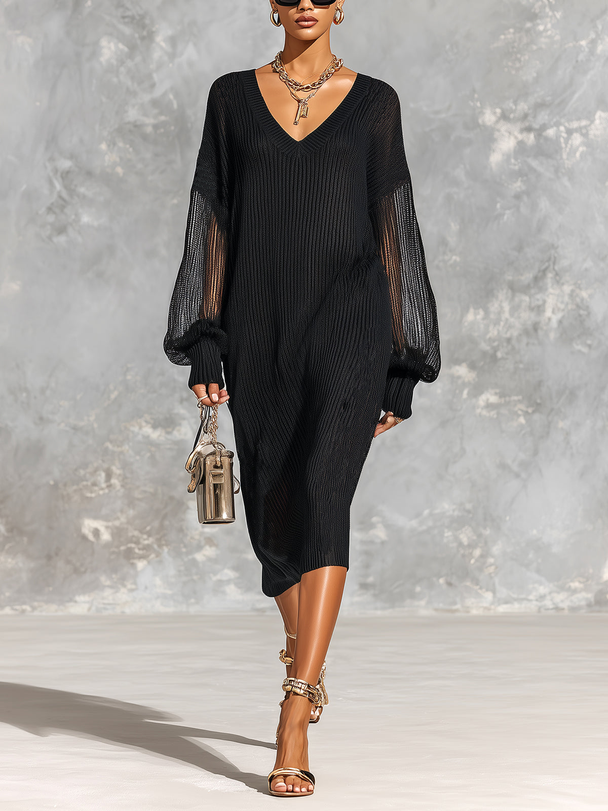 ElevenOra Chic Elegant Black V-Neck Long-Lantern-Sleeve Mesh Detail Loose-Fit Ribbed Knit Midi Dress