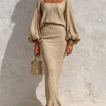 ElevenOra Chic Elegant Light Camel Square-Neck Long-Lantern-Sleeve Sweater Ruffled Hem Bodycon Maxi Skirt Ribbed Knit Two-Piece Set