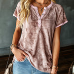 ElevenOra Chic Elegant Pink Tie-Dye Print Henley-Collar Short-Sleeve Contrast Trim Loose-Fit T-Shirt