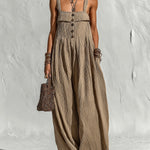ElevenOra Chic Elegant Light Brown Pleated Cotton Blend Spaghetti Straps Square-Neck Sleeveless Button-Front Loose-Fit Wide-Leg Jumpsuit
