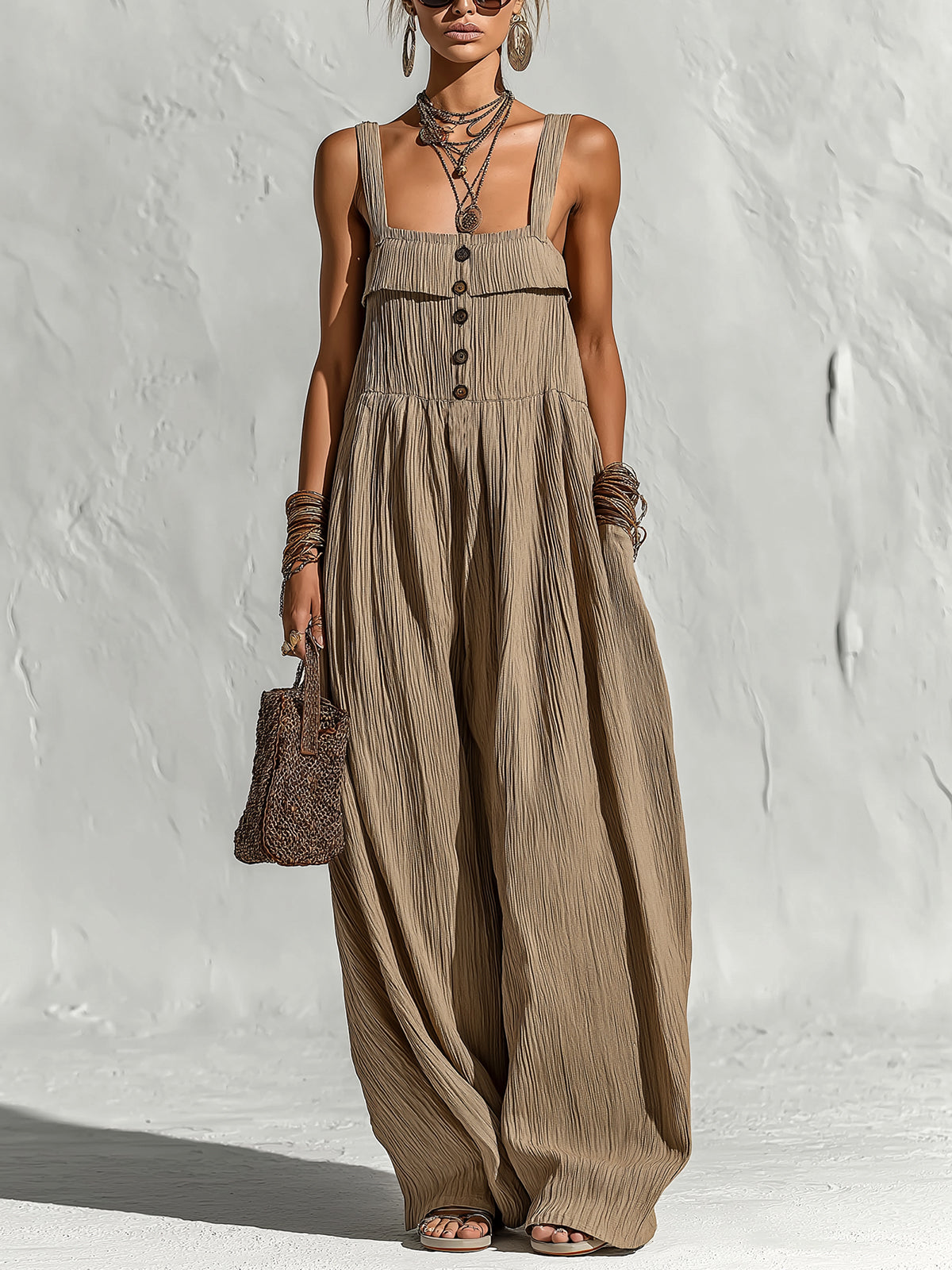 ElevenOra Chic Elegant Light Brown Pleated Cotton Blend Spaghetti Straps Square-Neck Sleeveless Button-Front Loose-Fit Wide-Leg Jumpsuit