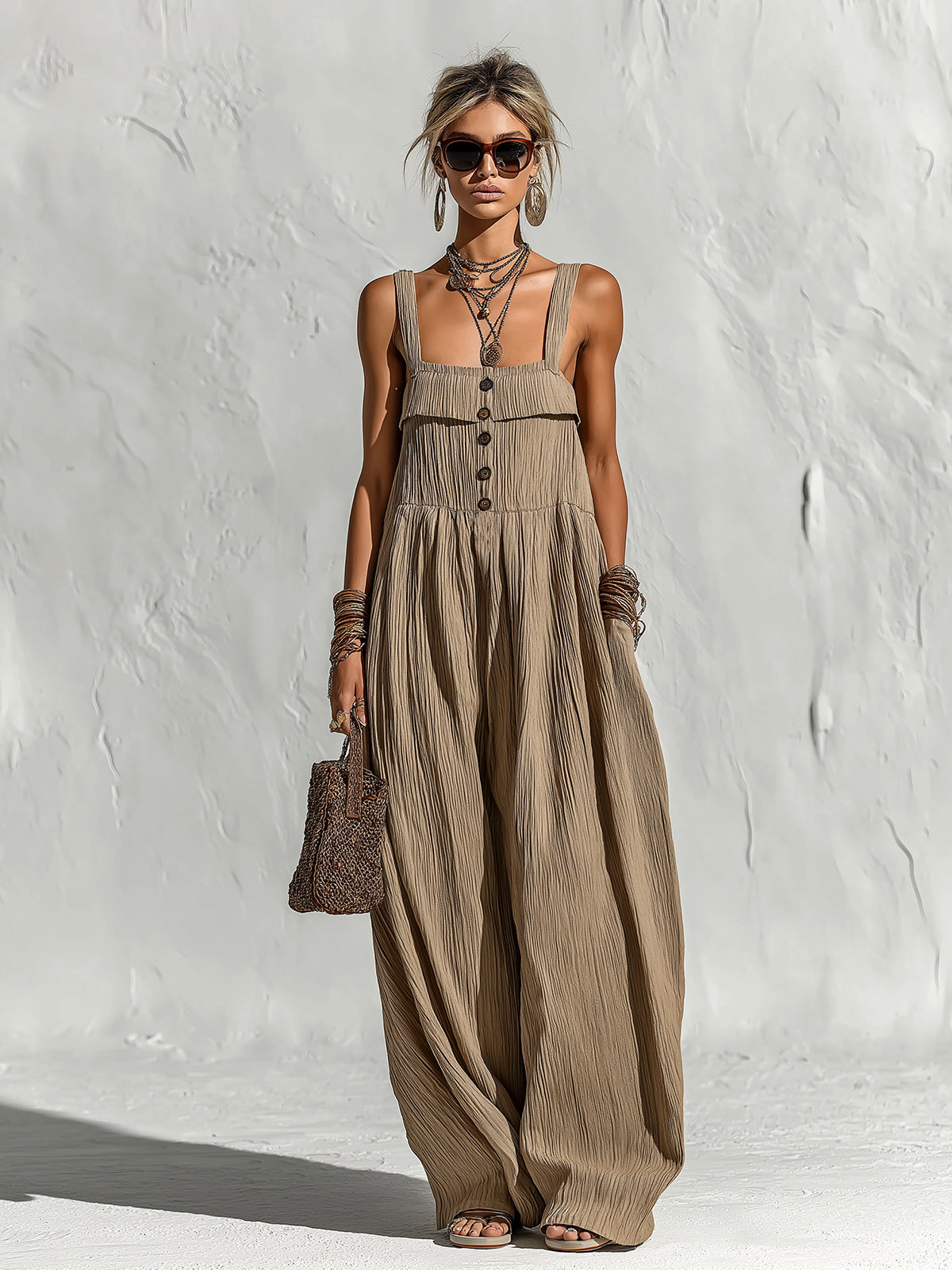 ElevenOra Chic Elegant Light Brown Pleated Cotton Blend Spaghetti Straps Square-Neck Sleeveless Button-Front Loose-Fit Wide-Leg Jumpsuit