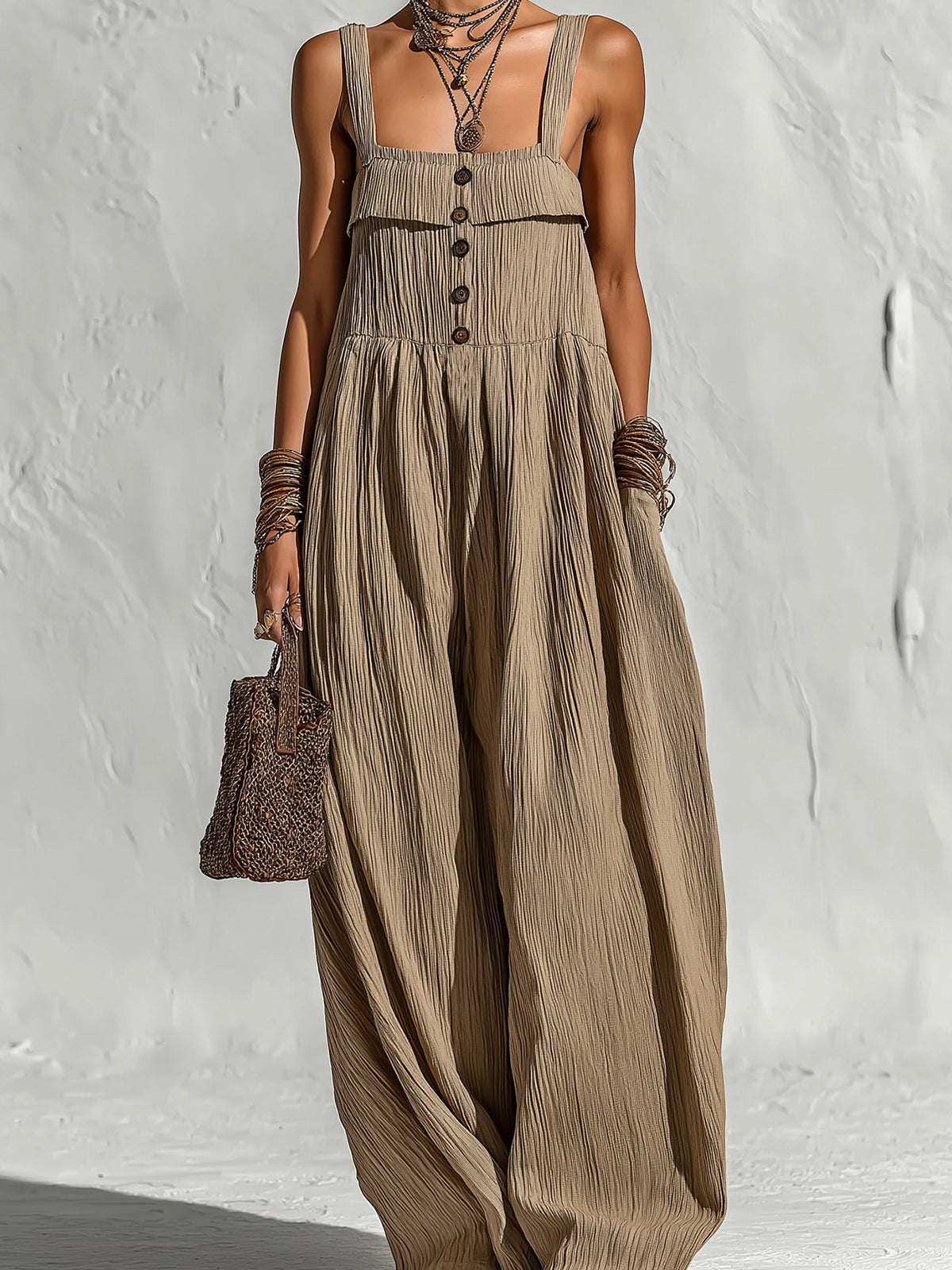 ElevenOra Chic Elegant Light Brown Pleated Cotton Blend Spaghetti Straps Square-Neck Sleeveless Button-Front Loose-Fit Wide-Leg Jumpsuit