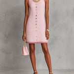 ElevenOra Chic Elegant Pink-Dark Pink Tweed Round-Neck Sleeveless Button-Front A-Line Loose-Fit Mini Dress