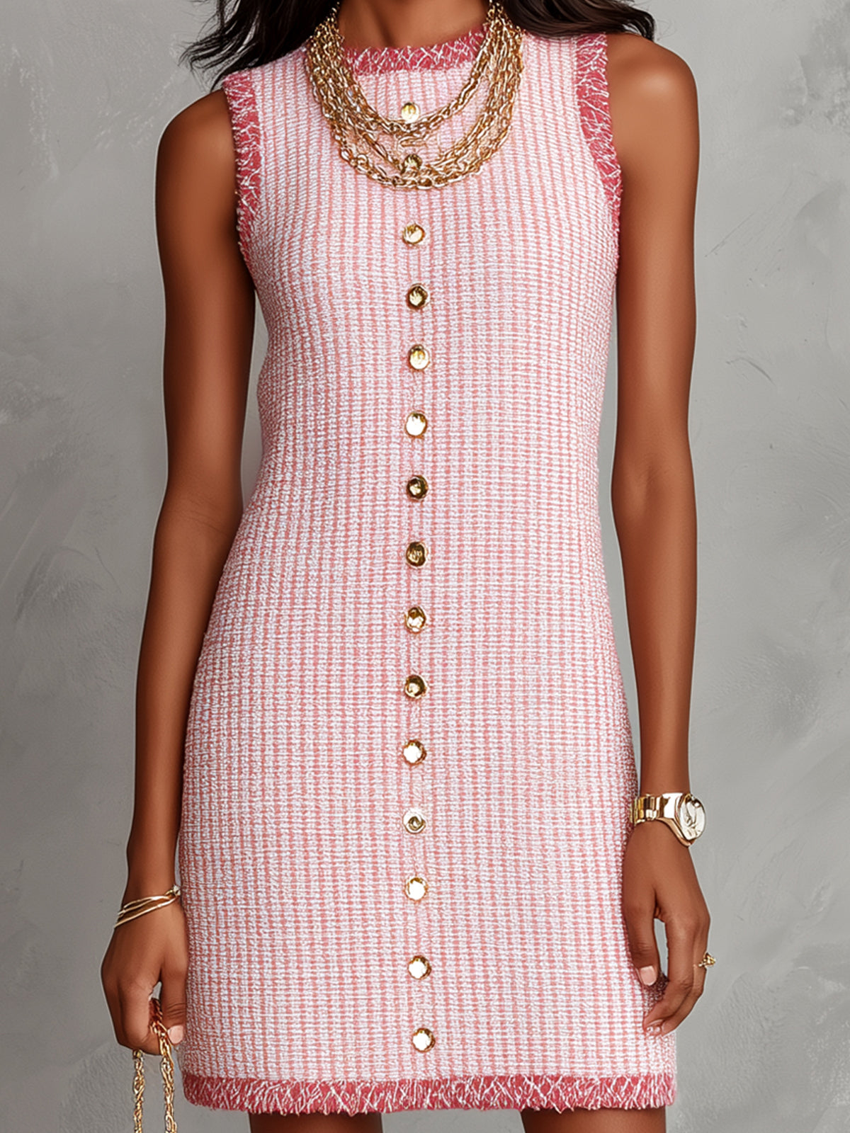 ElevenOra Chic Elegant Pink-Dark Pink Tweed Round-Neck Sleeveless Button-Front A-Line Loose-Fit Mini Dress