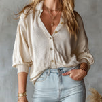 ElevenOra Chic Elegant Cream White Lapel Collar Single-Breasted Long-Lantern-Sleeve Loose-Fit Ribbed Knit Sweater Top