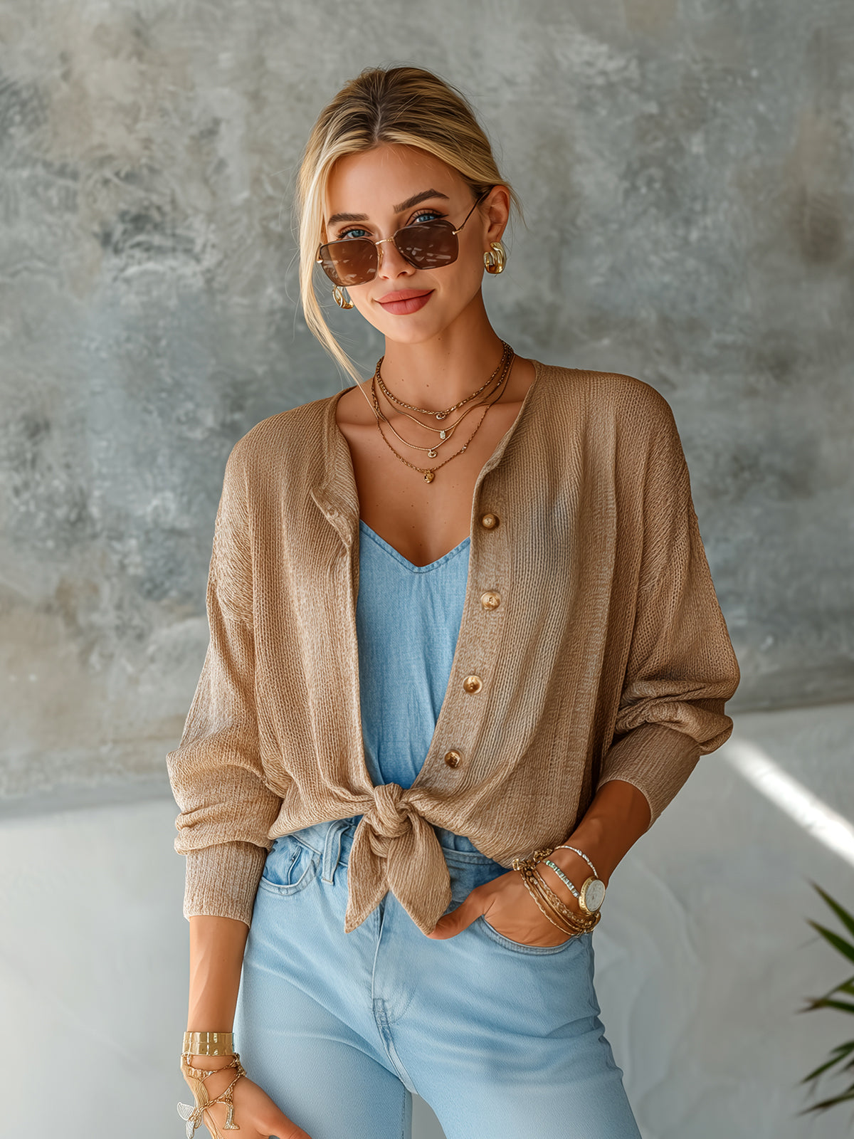 ElevenOra Chic Elegant Camel Round-Neck Single-Breasted Long-Sleeve Bow-Tie Detail Loose-Fit Knit Cardigan Top