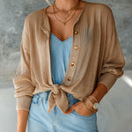 ElevenOra Chic Elegant Camel Round-Neck Single-Breasted Long-Sleeve Bow-Tie Detail Loose-Fit Knit Cardigan Top