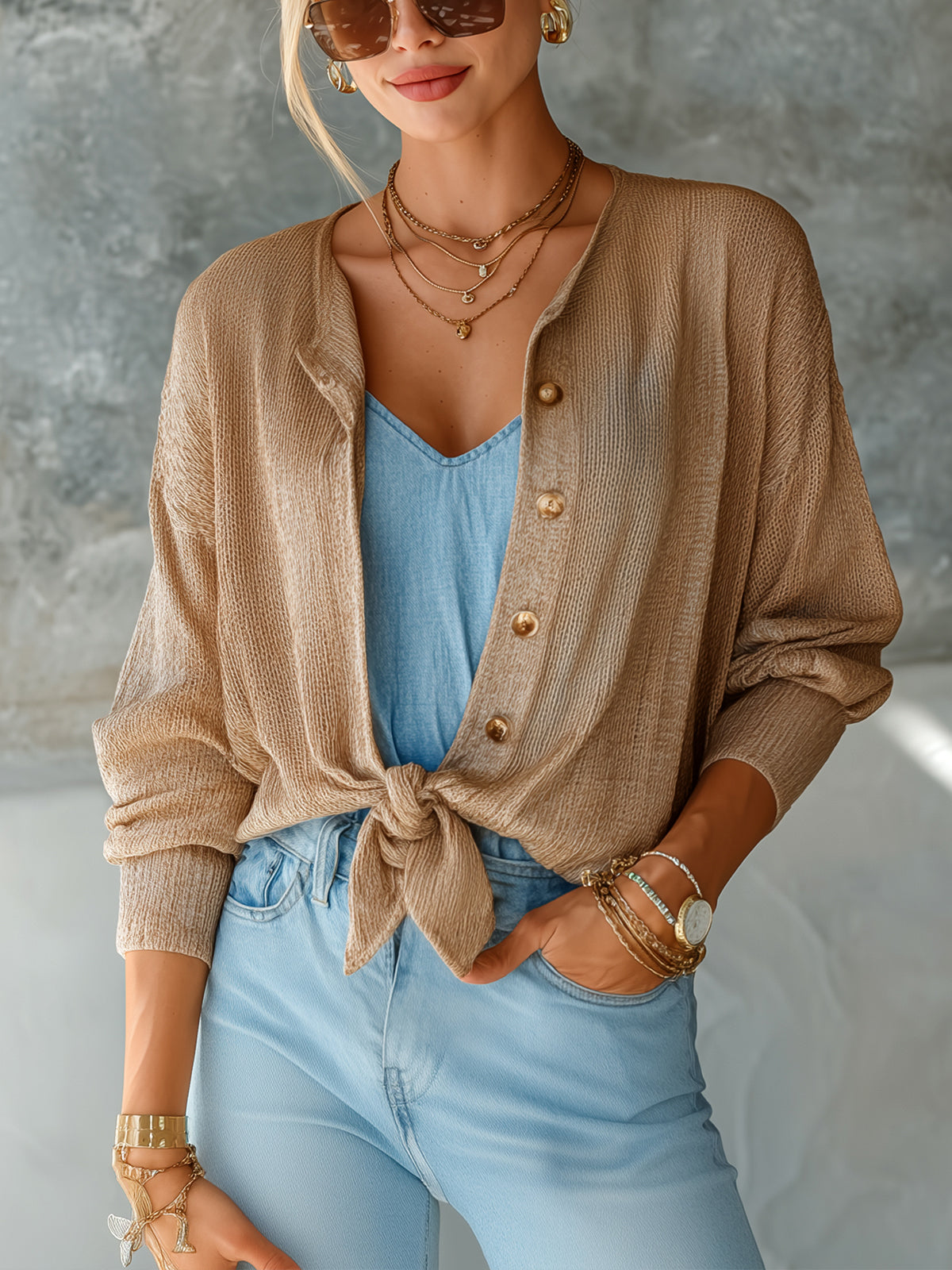 ElevenOra Chic Elegant Camel Round-Neck Single-Breasted Long-Sleeve Bow-Tie Detail Loose-Fit Knit Cardigan Top