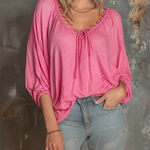 ElevenOra Chic Casual Bright Pink V-Neck Lace-Up Short Sleeve Loose-Fit Slub Cotton Fabric T-Shirt Top