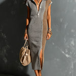 ElevenOra Chic Elegant Gray-Camel Colorblock Button-Up Lapel-Collar Cap-Sleeve Side-Slit Loose-Fit Ribbed Knit Midi Dress