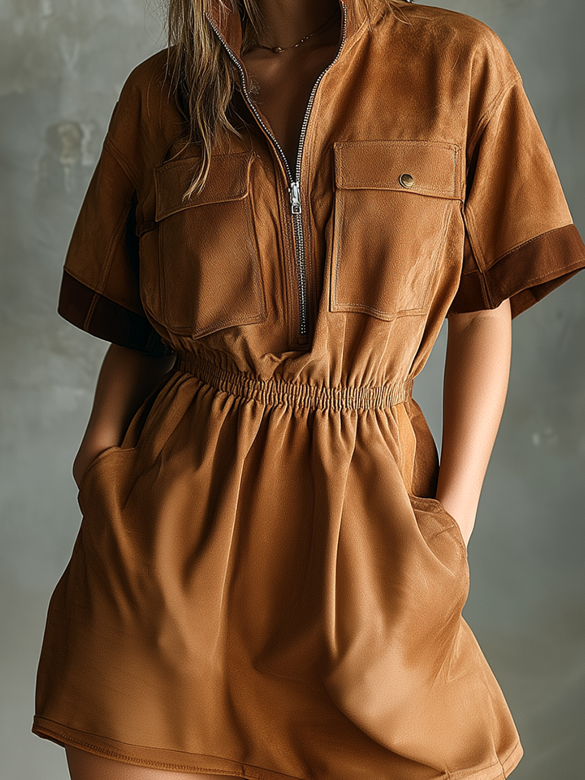 ElevenOra Chic Casual Caramel  Stand Collar Zipper-Up Contrast Trim Patch Pocket Short-Sleeve Tailored-Waist A-Line Faux Suede Fabric Mini Dress