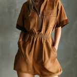 ElevenOra Chic Casual Caramel  Stand Collar Zipper-Up Contrast Trim Patch Pocket Short-Sleeve Tailored-Waist A-Line Faux Suede Fabric Mini Dress