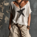 ElevenOra Chic Casual White V-Neck Star Jacquard Raw Edge Dolman Sleeves Loose-Fit Knit SweaterTop