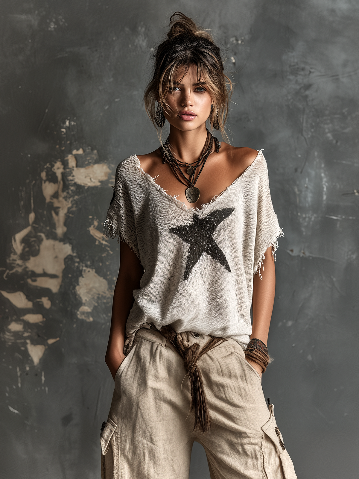 ElevenOra Chic Casual White V-Neck Star Jacquard Raw Edge Dolman Sleeves Loose-Fit Knit SweaterTop
