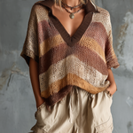 ElevenOra Chic Casual Multi-Color Stripe Lapel Collar V-Neck Short-Sleeve Loose-Fit Mesh Knit Sweater Top