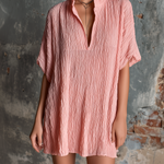 ElevenOra Chic Casual Blush Pink Stand Collar V-Neck Short-Sleeve  Loose-Fit Crinkled Textured Fabric Mini Dress
