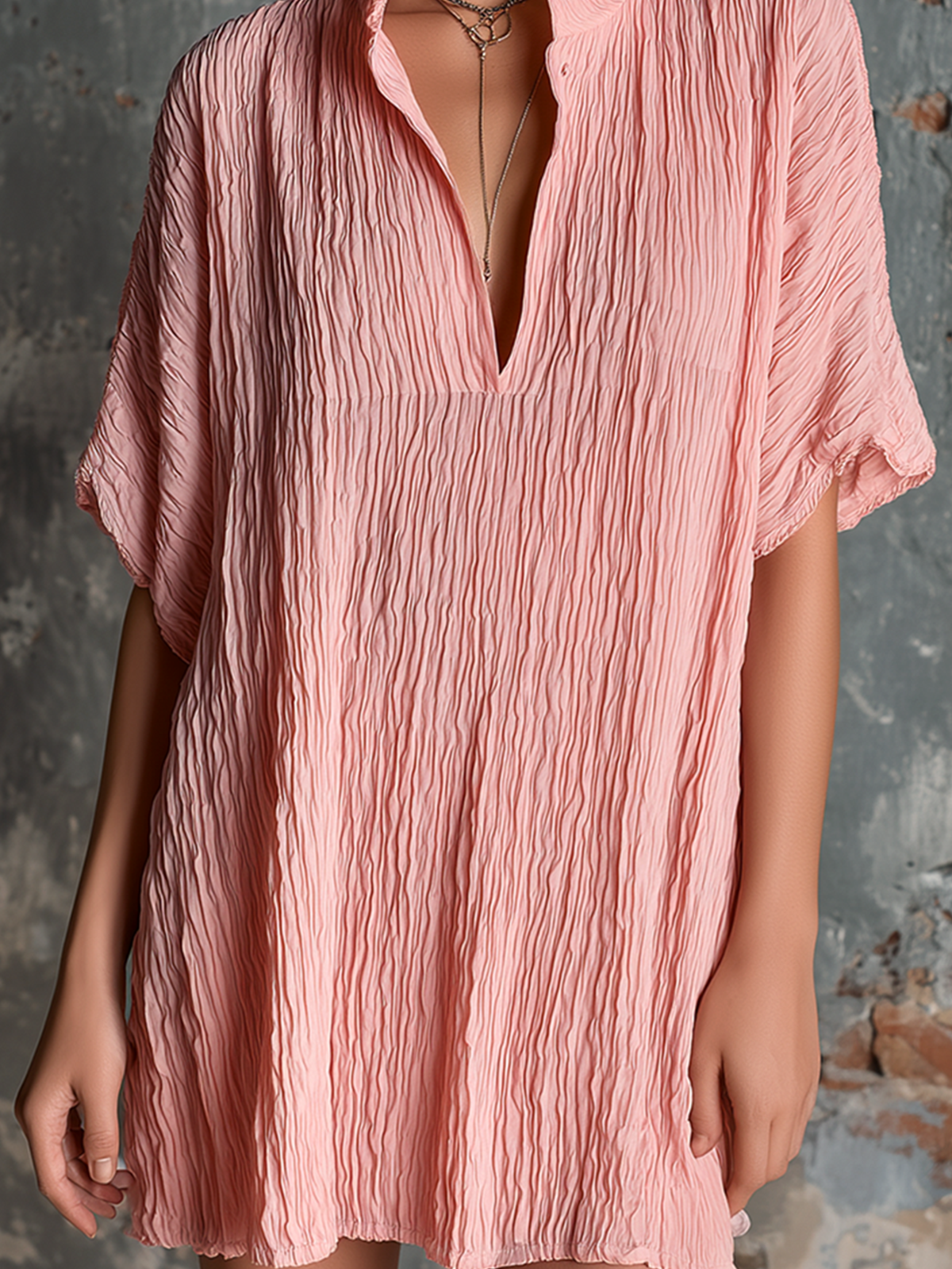 ElevenOra Chic Casual Blush Pink Stand Collar V-Neck Short-Sleeve  Loose-Fit Crinkled Textured Fabric Mini Dress