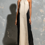 ElevenOra Chic Elegant Beige-Black Colorblock Elastic Gathered Halter Neck Sleeveless Loose-Fit Cotton Linen Blend Maxi Dress