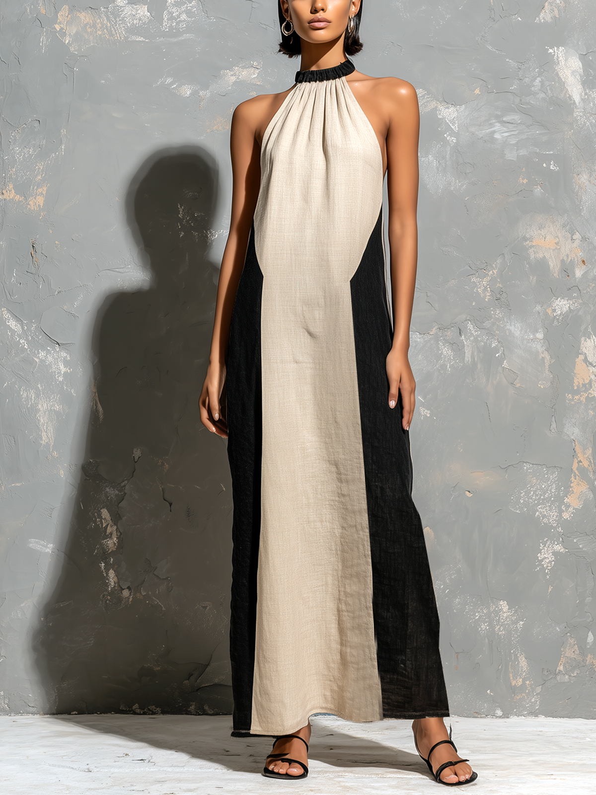 ElevenOra Chic Elegant Beige-Black Colorblock Elastic Gathered Halter Neck Sleeveless Loose-Fit Cotton Linen Blend Maxi Dress