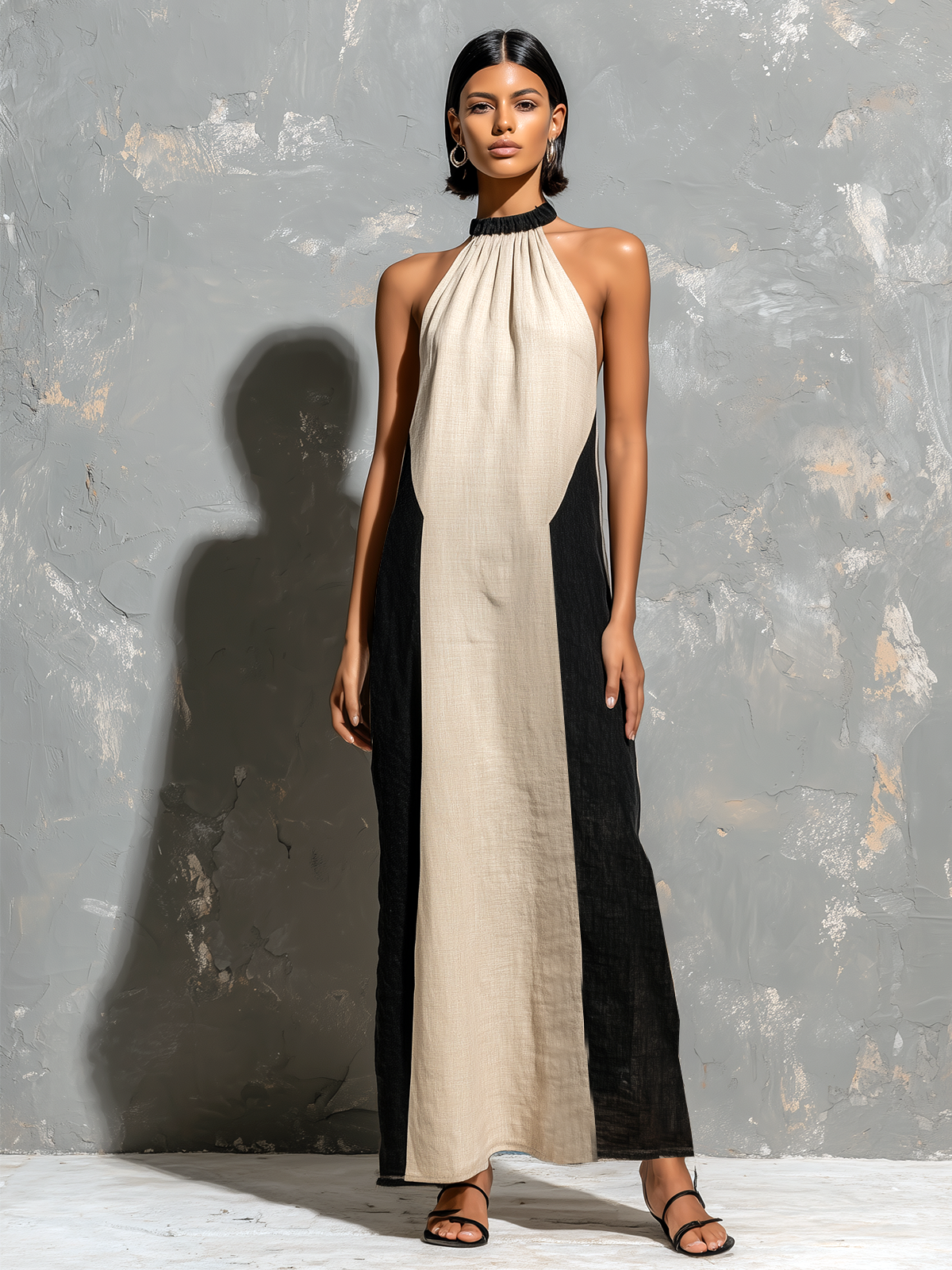 ElevenOra Chic Elegant Beige-Black Colorblock Elastic Gathered Halter Neck Sleeveless Loose-Fit Cotton Linen Blend Maxi Dress