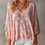 ElevenOra Chic Elegant Pink-White Polka Dots V-Neck Half-Batwing-Sleeve Loose-Fit Knit Sweater Top