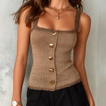 ElevenOra Chic Elegant Brown Spaghetti Straps Square-Neck Single-Breasted Contrast Trim Slim-Fit Knit Tank Top