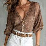 ElevenOra Chic Elegant Brown Deep V-Neck Single-Breasted Half-Lantern-Sleeve Loose-Fit Knit Sweater Top