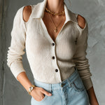 ElevenOra Chic Elegant Beige Lapel-Collar Cutout-Detail Long-Sleeve Single-Breasted Slim-Fit Ribbed Knit Sweater Top
