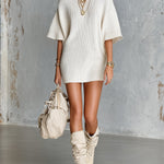 ElevenOra Chic Elegant Cream White Boat-Neck Short-Sleeve Loose-Fit Ribbed Knit Mini Dress
