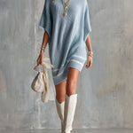 ElevenOra Chic Elegant Blue Round-Neck Short-Batwing-Sleeve White Stripes Loose-Fit Ribbed Knit Mini Dress
