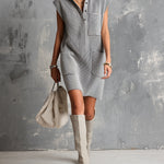 ElevenOra Chic Elegant Gray Button-Up Lapel-Collar Sleeveless Multi-Pockets Loose-Fit Ribbed Knit Mini Dress