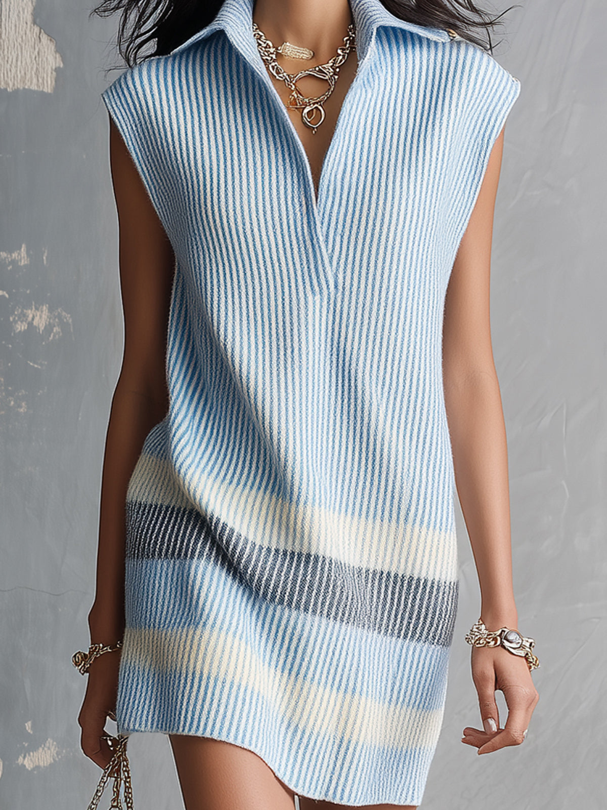 ElevenOra Chic Elegant Blue-White-Gray Colorblock Lapel V-Neck Sleeveless Loose-Fit Ribbed Knit Mini Dress