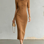 ElevenOra Chic Elegant Caramel Brown Button-Up Lapel-Collar Short-Sleeve Cutout-Detail Slim-Fit Ribbed Knit Midi Dress