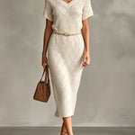 ElevenOra Chic Elegant Cream White Argyle Pattern Jacquard V-Neck Short-Sleeve Belted Slim-Fit Knit Midi Dress