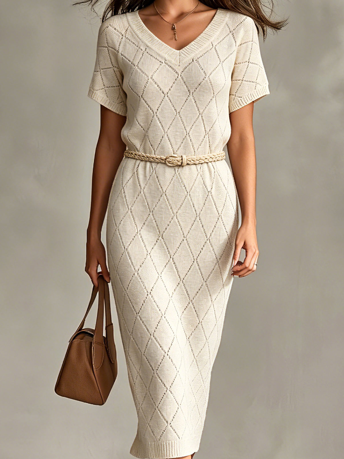 ElevenOra Chic Elegant Cream White Argyle Pattern Jacquard V-Neck Short-Sleeve Belted Slim-Fit Knit Midi Dress