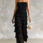 ElevenOra Chic Elegant Black Pleated Chiffon Spaghetti Straps Square-Neck Sleeveless Tiered Slim-Fit Maxi Dress
