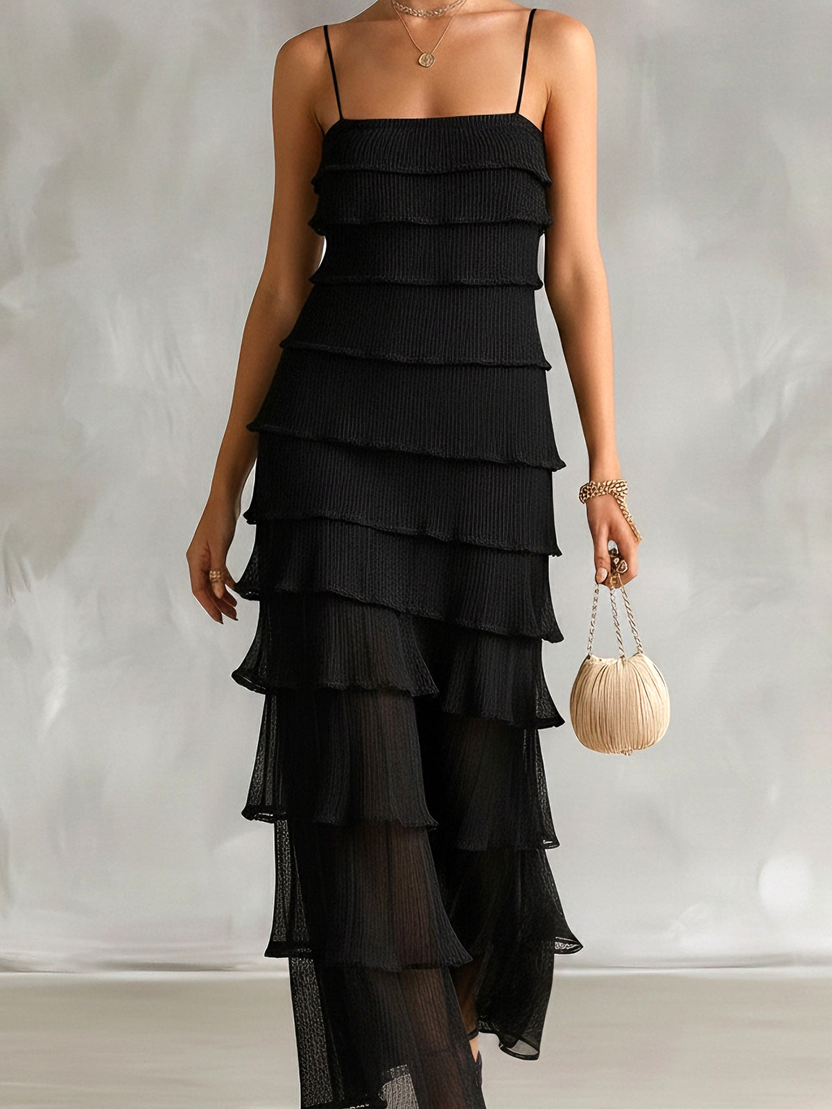 ElevenOra Chic Elegant Black Pleated Chiffon Spaghetti Straps Square-Neck Sleeveless Tiered Slim-Fit Maxi Dress