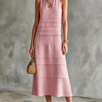 ElevenOra Chic Elegant Pink Cotton-Linen Blend Round-Neck Sleeveless Patchwork Detail A-Line Loose-Fit Midi Dress