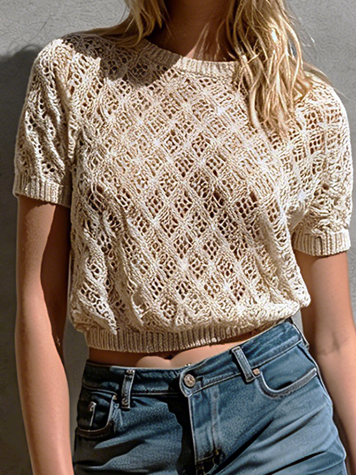 ElevenOra Chic Casual Off-White Round-Neck Short-Sleeve Loose-Fit Diamond Lattice Open Knit Sweater Top