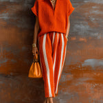 ElevenOra Chic Elegant Orange-White Colorblock Lapel V-Neck Short-Sleeve Loose-Fit Sweater Elastic-Waist Pants Knit Two-Piece Set