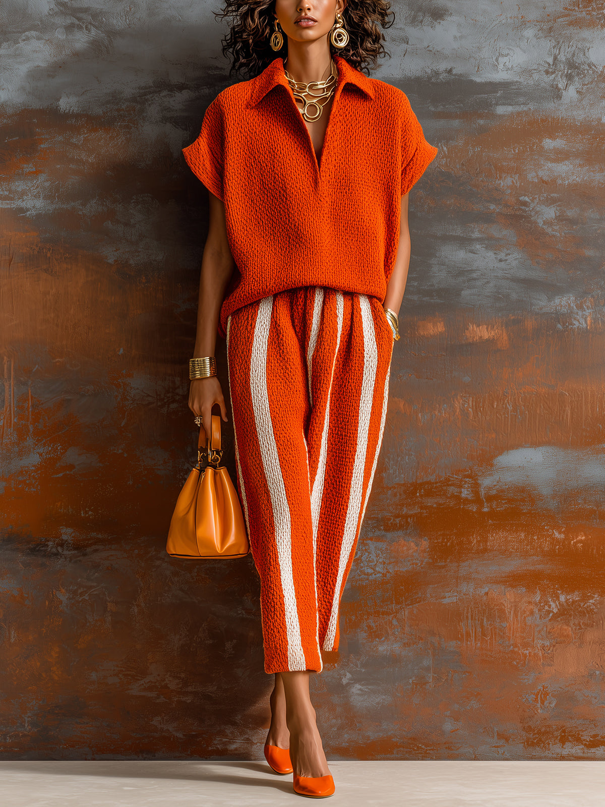 ElevenOra Chic Elegant Orange-White Colorblock Lapel V-Neck Short-Sleeve Loose-Fit Sweater Elastic-Waist Pants Knit Two-Piece Set
