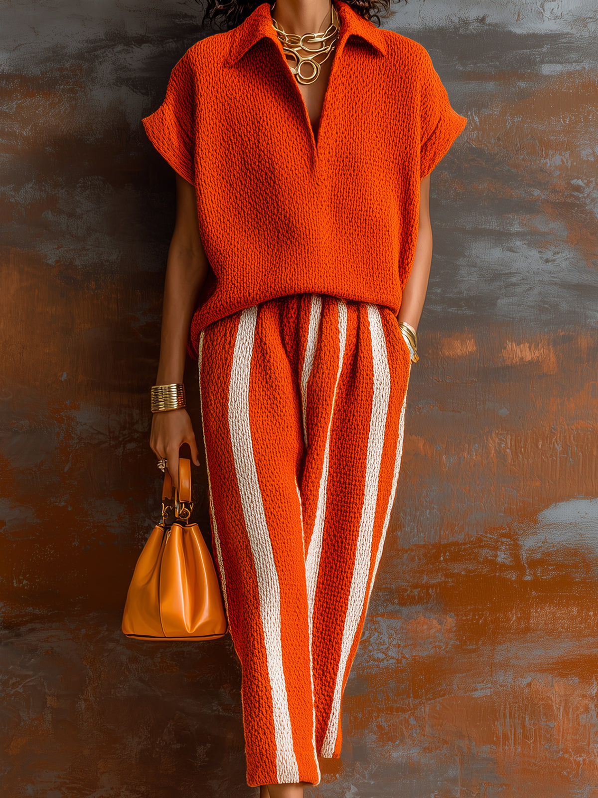 ElevenOra Chic Elegant Orange-White Colorblock Lapel V-Neck Short-Sleeve Loose-Fit Sweater Elastic-Waist Pants Knit Two-Piece Set