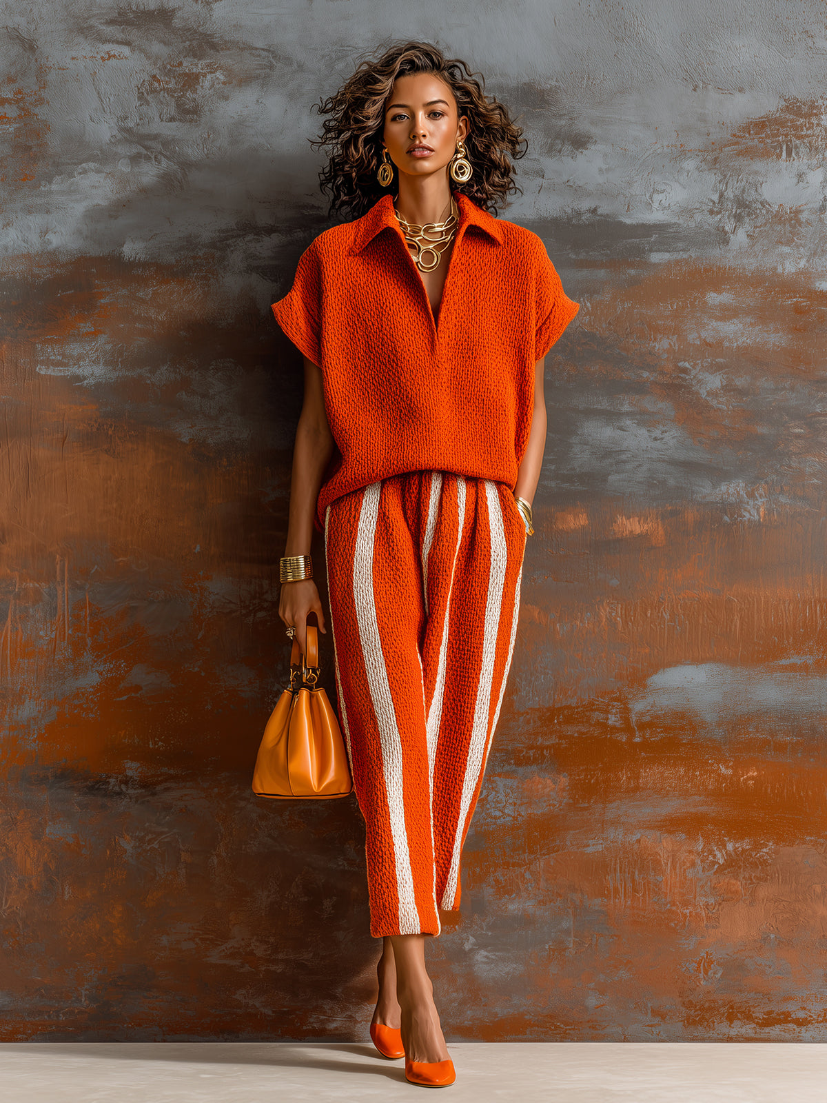 ElevenOra Chic Elegant Orange-White Colorblock Lapel V-Neck Short-Sleeve Loose-Fit Sweater Elastic-Waist Pants Knit Two-Piece Set