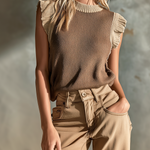 ElevenOra Chic Casual Brown Round-Neck Contrast Trim Cap Sleeve Loose-Fit Knit Vest Top