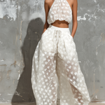 ElevenOra Chic Elegant White Sheer Organza Heart Print Halter-Neck Sleeveless Loose-Fit Tank Top Wide-Leg Pants Two-Piece Set