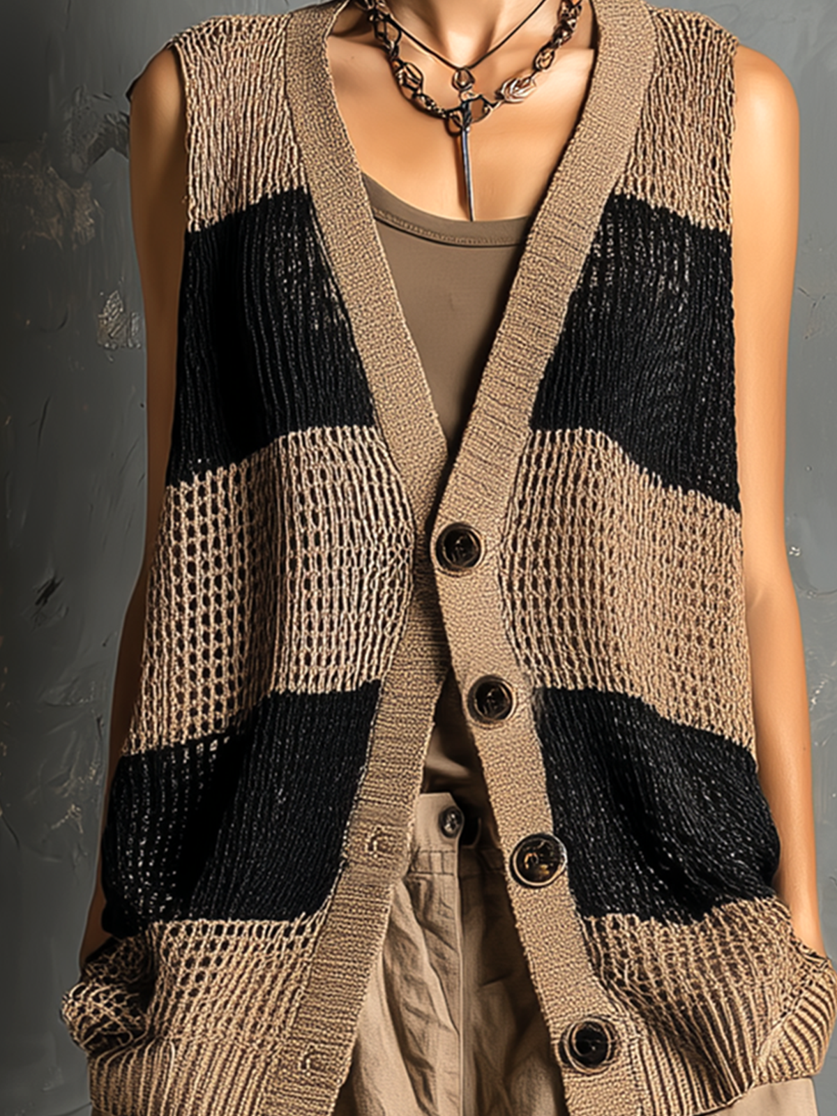 ElevenOra Chic Casual Camel-Black Colorblock V-Neck Single-Breasted Sleeveless Loose-Fit Mesh Knit Vest Top